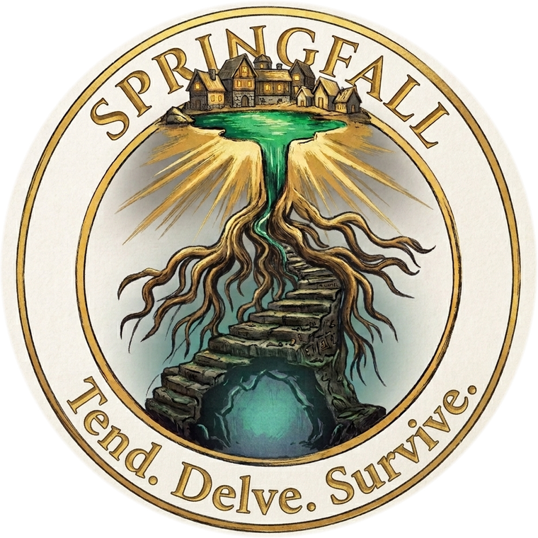 The Springfall seal: a village on the surface above a Mana Spring, its roots and a stone stair descending into the glowing deep.