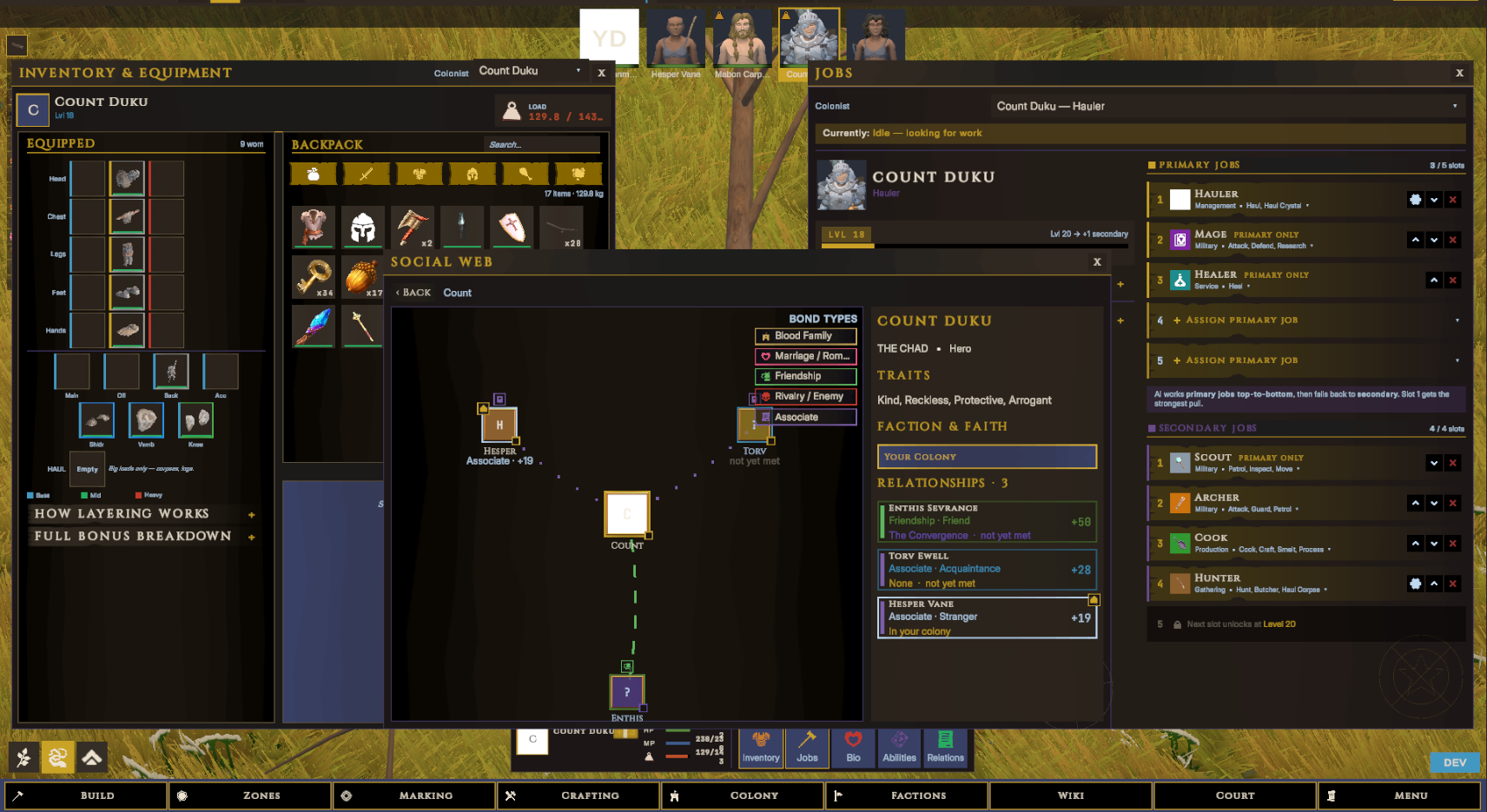 Three colonist panels open at once — inventory and equipment, a social web showing bonds between named colonists, and a jobs panel listing primary and secondary roles alongside traits and faction standing