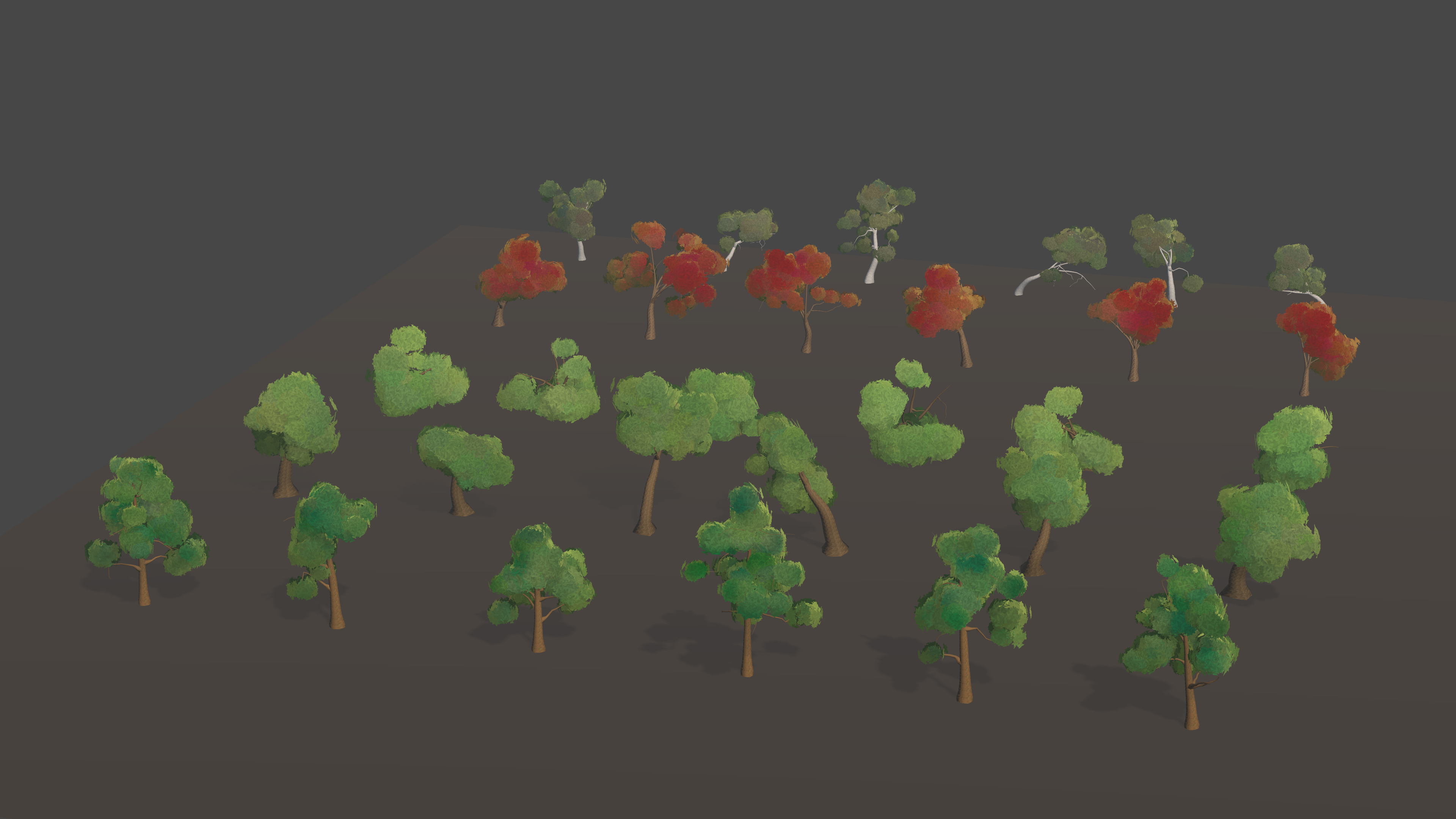 Rows of trees standing on a bare test plane — green broadleaves in front, autumn-red crowns and pale birches behind — the generated species lined up beside hand-modelled ones for comparison