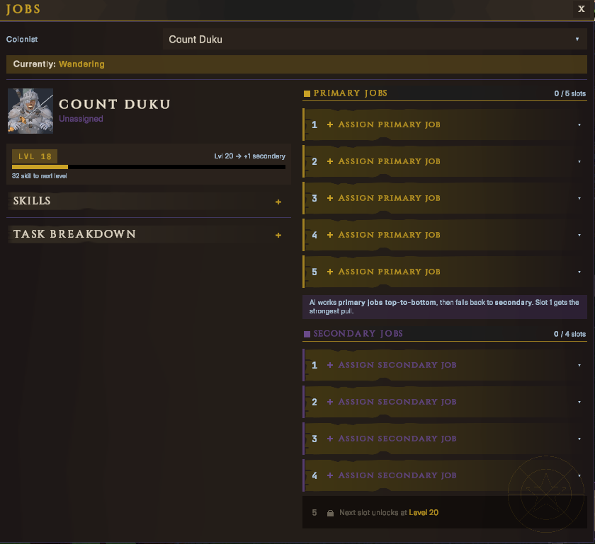 The Jobs panel open on a colonist, showing five primary job slots and four secondary ones, all currently unassigned