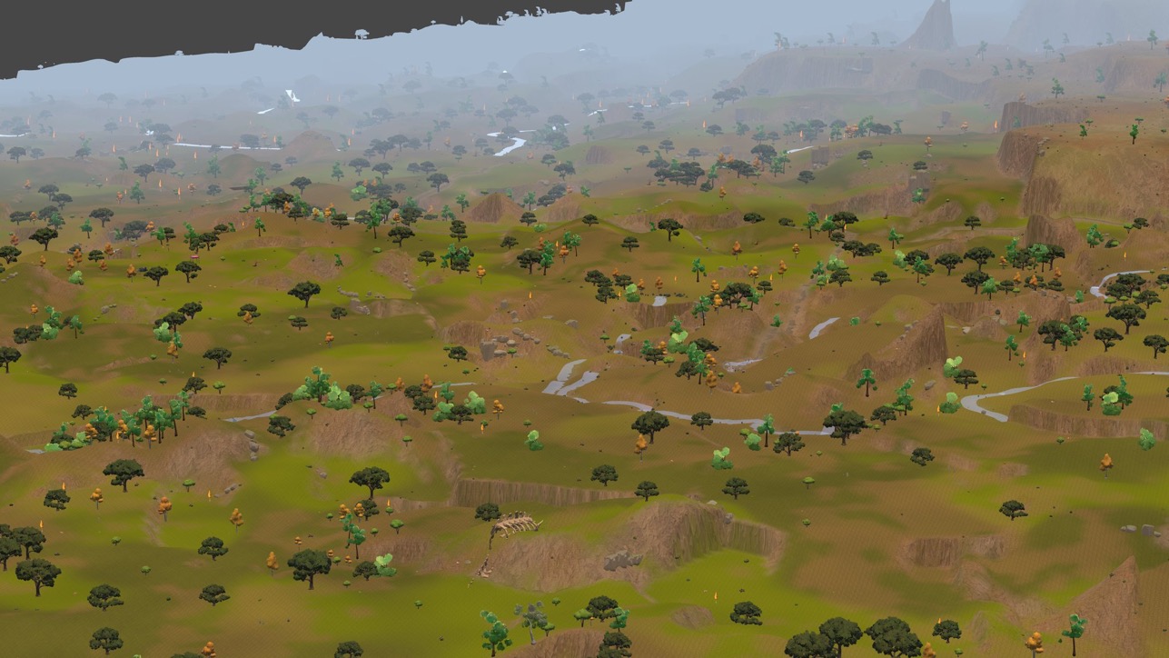 An aerial view of eroded highlands under fog — a river winding between rocky cliffs, green and autumn-orange tree canopies marking different biomes, and snow-capped peaks fading into the distance